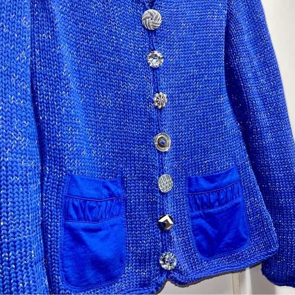 Pure Handknit Chunky Cardigan Button Up Knit Sweater Marled Blue & Silver S/M - Picture 3 of 6